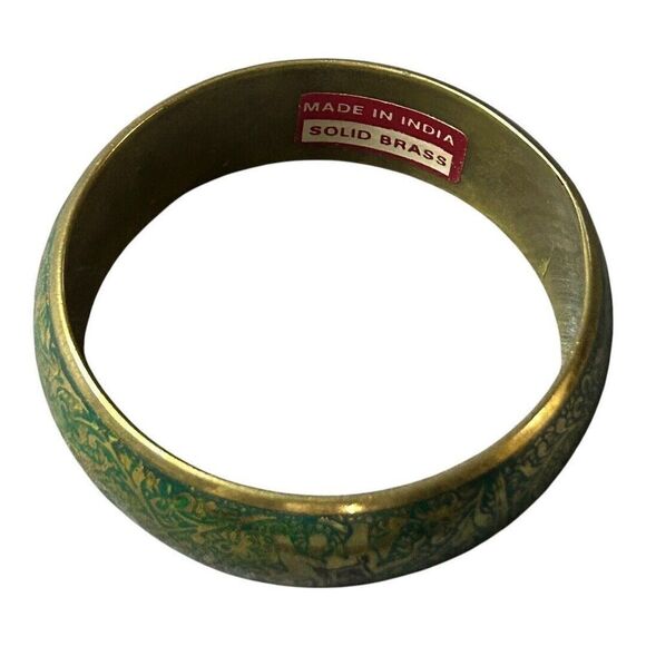 Vintage Brass Bangle Bracelet Etched Elephant  Tiger Green Enamel Made In India‎ - Picture 9 of 14